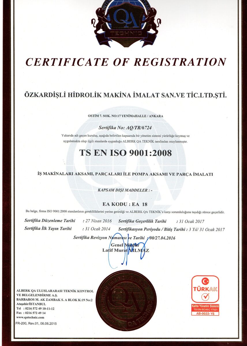 Öz Kardişli Hidrolik ISO 9001 Kalite Yönetim Sistemi belgesi